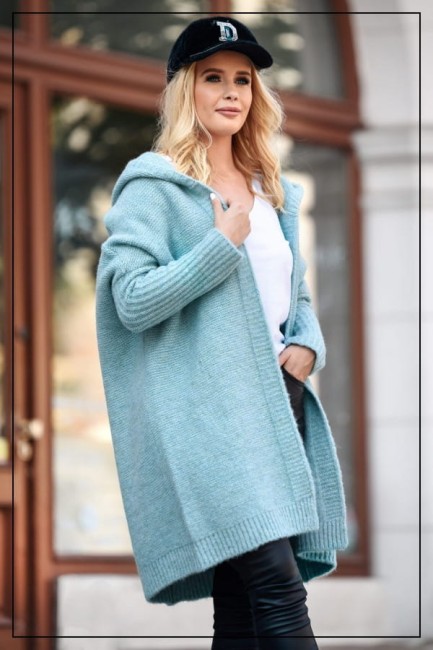 Oversizowy kardigan sweter z wełną EMMA turkusowy