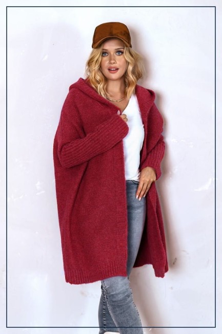Oversizowy kardigan sweter z wełną EMMA bordowy