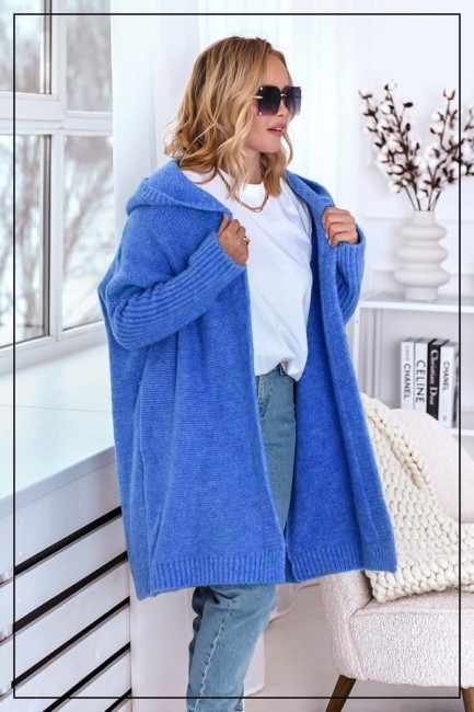 Oversizowy kardigan sweter z wełną EMMA niebieski 