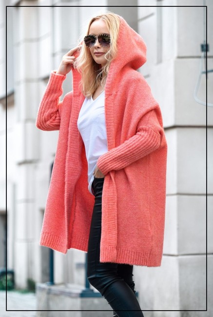 Oversizowy kardigan sweter z wełną EMMA koral