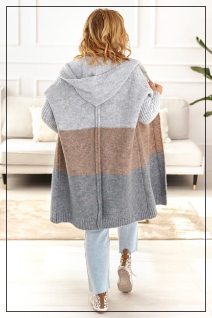 Oversizowy kardigan sweter z wełną TRIO szary/latte