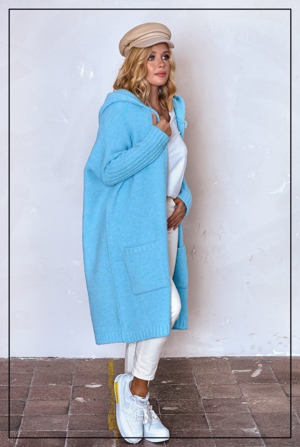 Oversizowy kardigan sweter z wełną SIMPLY  niebo