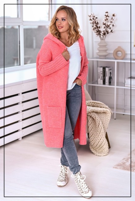Oversizowy kardigan sweter z wełną SIMPLY koralowy