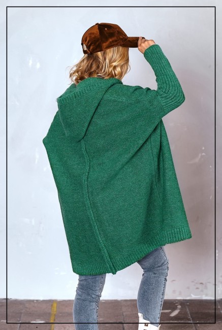 Oversizowy kardigan sweter z wełną EMMA  ciemna zieleń