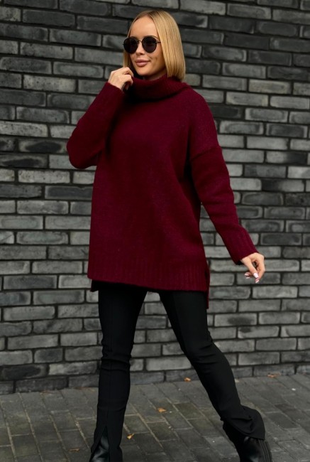 Polski oversizowy sweter z golfem ANNA burgund