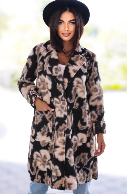  Flauszowy płaszczyk plus size JESIENELLA czarno beżowy