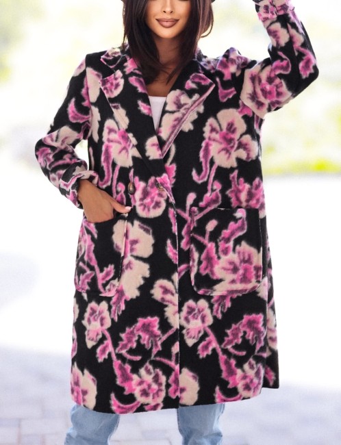  Flauszowy płaszczyk plus size JESIENELLA czarno różowy