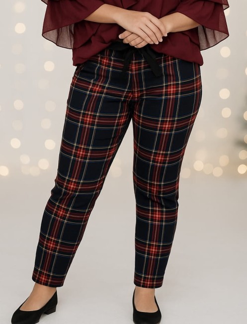 Elastyczne spodnie plus size KRATKA