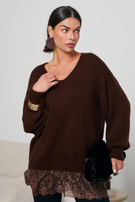 Sweter plus size KORONKOWA MIŁOŚĆ brązowy