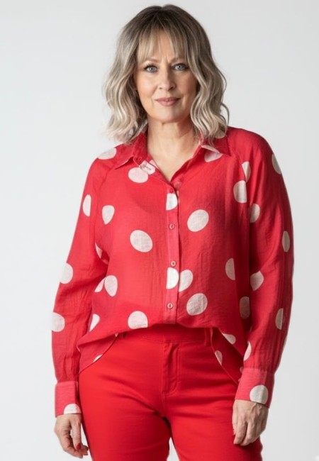 Wiskozowa koszula plus size  KROPKOWA czerwona