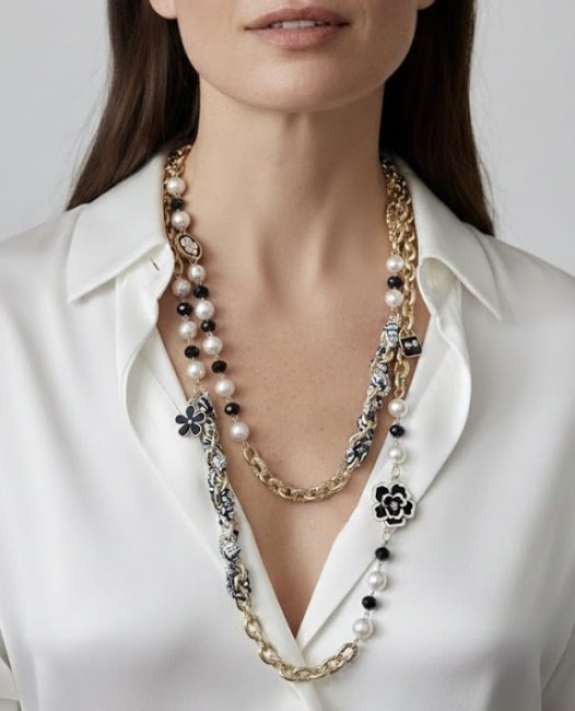 Naszyjnik łańcuchowy z perłami i zawieszkami 