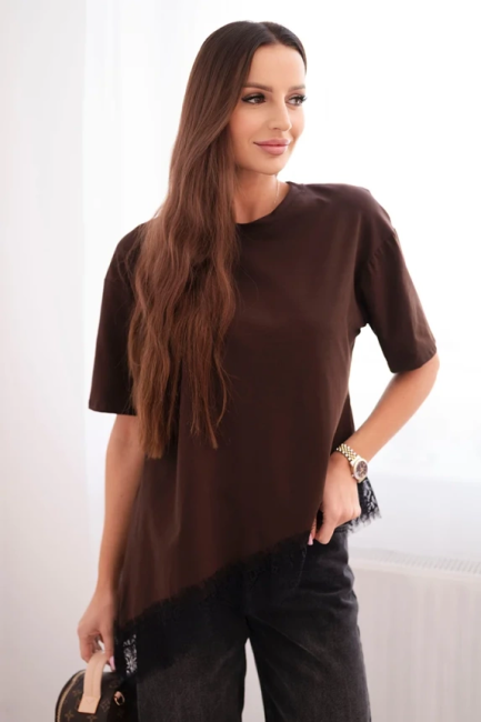 Bawełniana asymetryczna tunika KORONKA brązowa