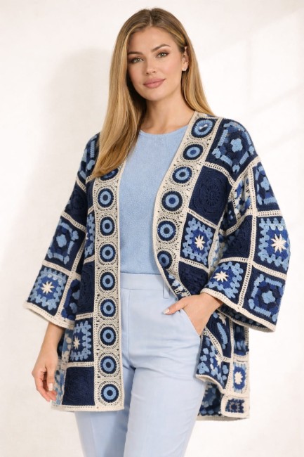 Kardigan narzutka oversize BOHO PATCHWORK granat