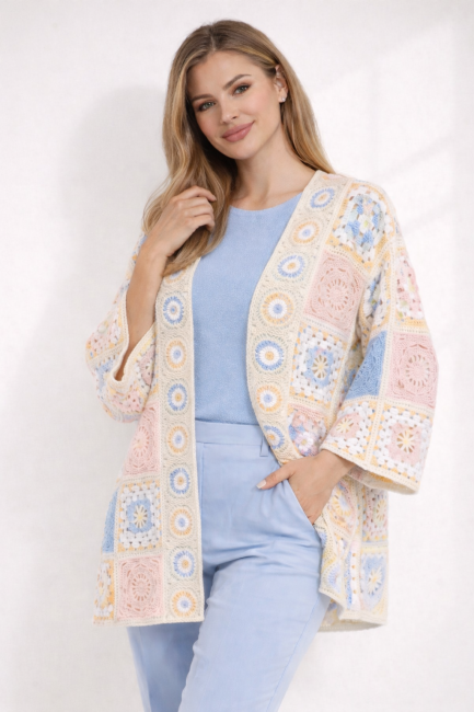Kardigan narzutka oversize BOHO PATCHWORK pudrowy