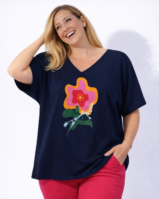 Bawełniana tunika plus size  KWIAT granatowa