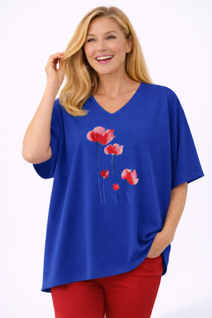 Bawełniana tunika plus size  KWIATY chabrowa