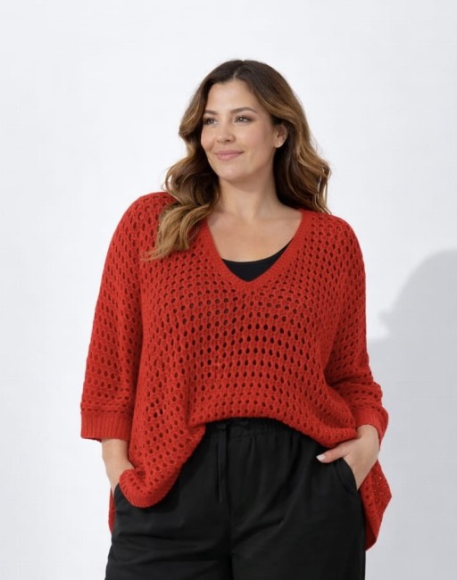 Tunika oversize plus size AŻURKA czerwona