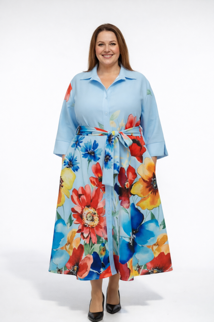 Wiskozowa sukienka plus size KWIATY błękitna PRE ORDER