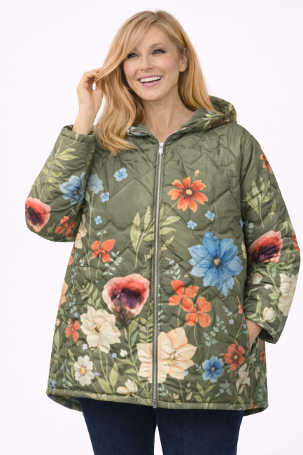 Pikowana kurtka plus size KWIATY khaki