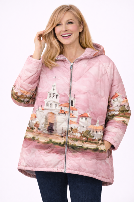 Pikowana kurtka plus size MALOWANA pudrowa