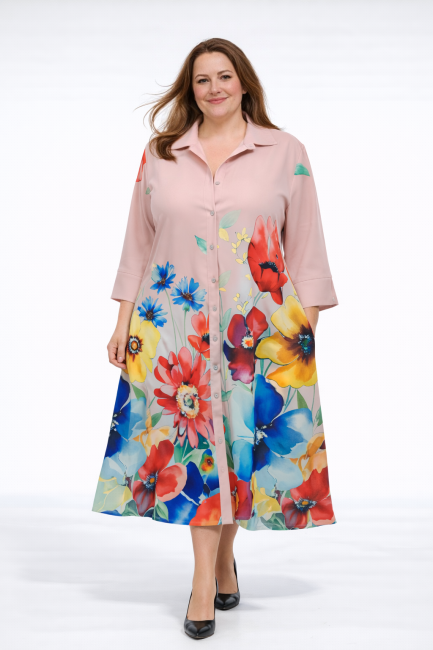 Wiskozowa sukienka plus size KWIATY pudrowa 