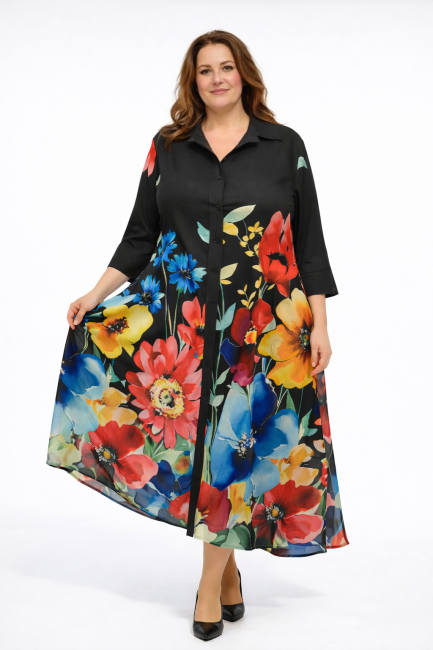 Wiskozowa sukienka plus size KWIATY czarna