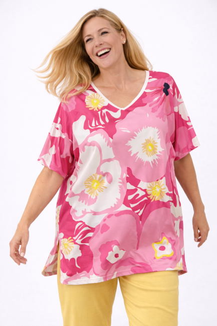 ULUBIONA  wiskozowa tunika plus size ecru różowa