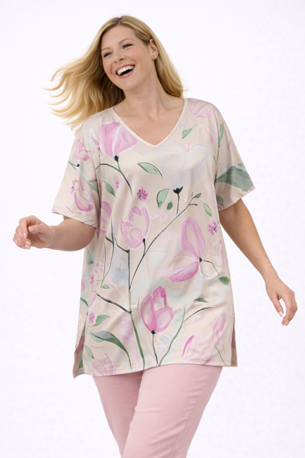ULUBIONA  wiskozowa tunika plus size beżowo różowa