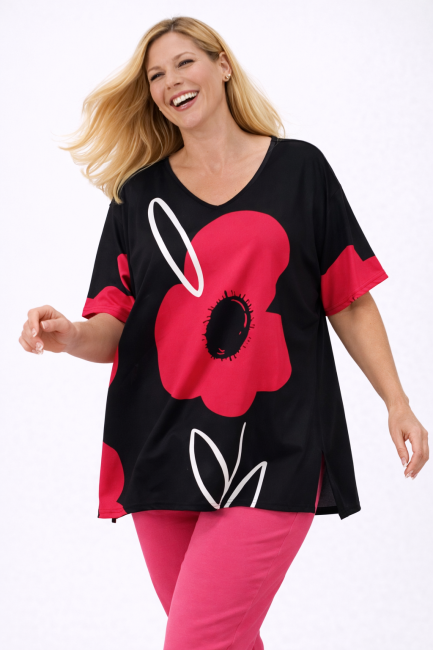 ULUBIONA  wiskozowa tunika plus size czarna różowa