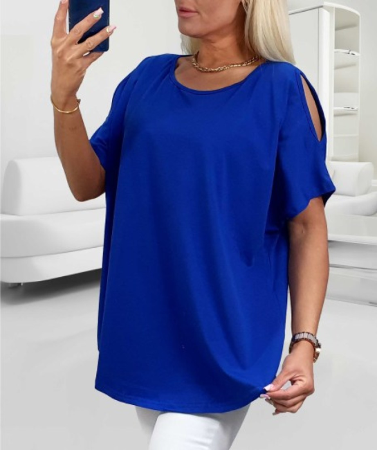 Bawełniana tunika plus size ODKRYTE RAMIONA niebieska