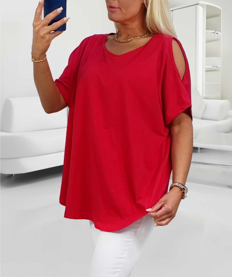 Bawełniana tunika plus size ODKRYTE RAMIONA czerwona