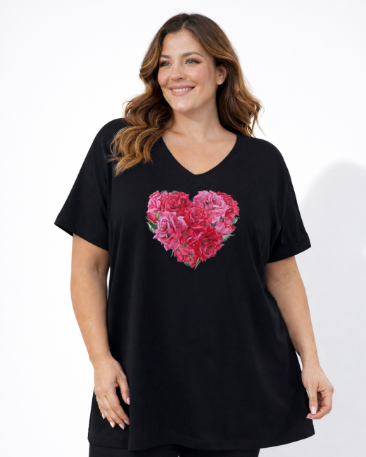 Bawełniana tunika plus size KWIATOWE SERCE czarna