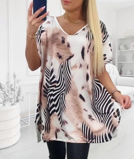 ULUBIONA  wiskozowa tunika plus size ecru zebra