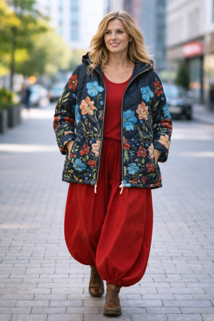 Pikowana kurtka plus size KWIATY czarna