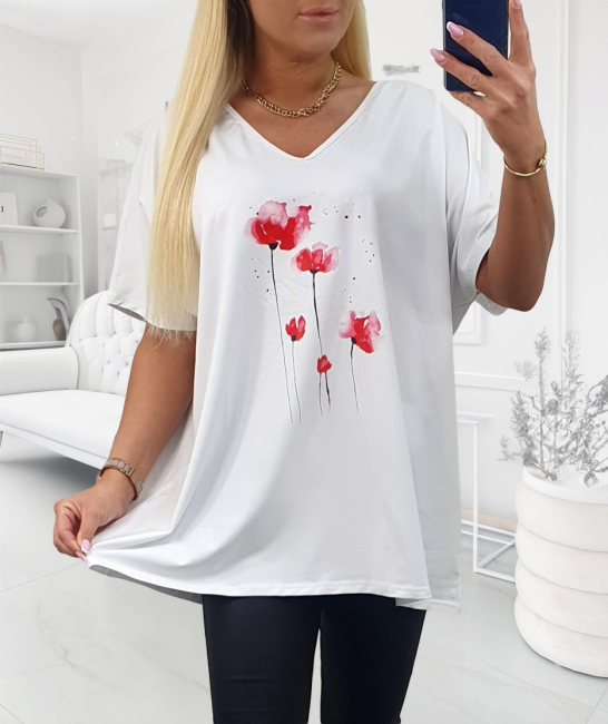 Bawełniana tunika plus size  KWIATY biała