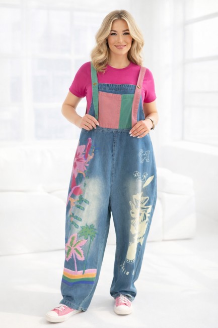 Jeansowe ogrodniczki plus size MALOWANY PATCHWORK