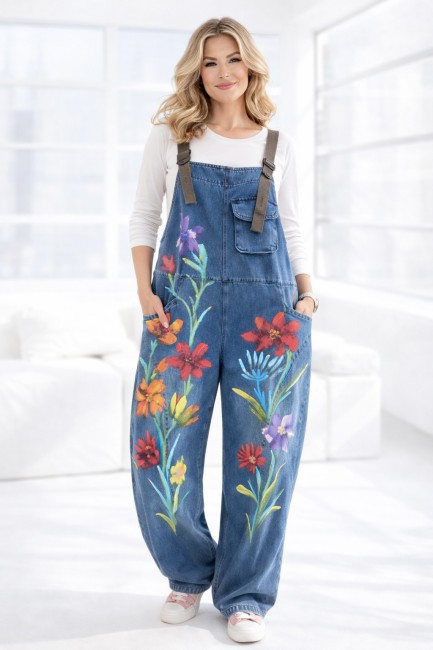 Jeansowe ogrodniczki plus size MALOWANE KWIATY