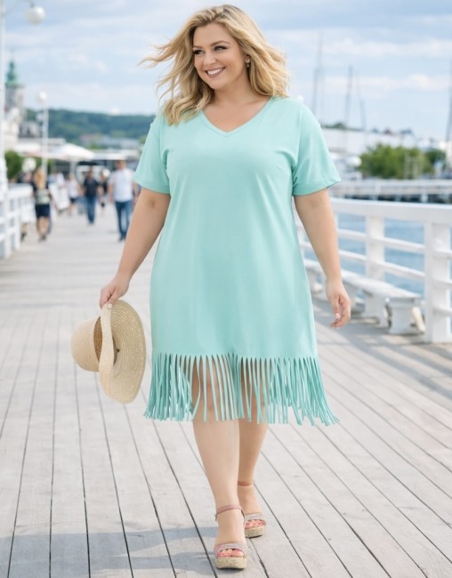 Bawełniana sukienka plus size FRĘDZLE miętowa