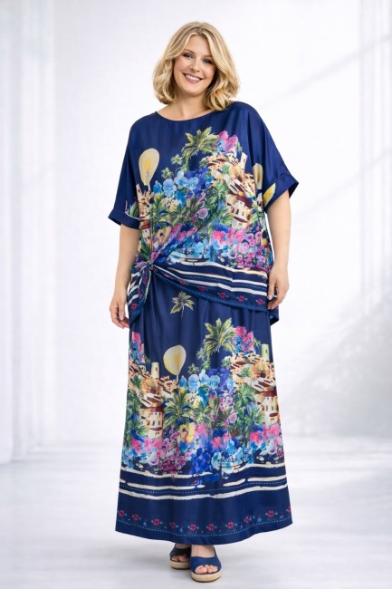 Satynowy komplet plus size granatowy