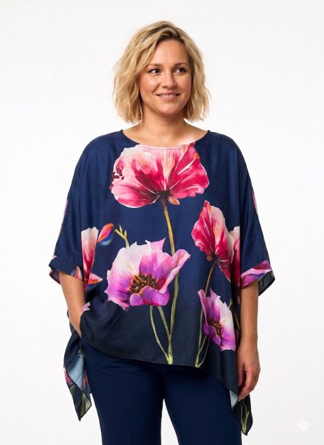  Tunika z jedwabiem  plus size KWIATY granatowa