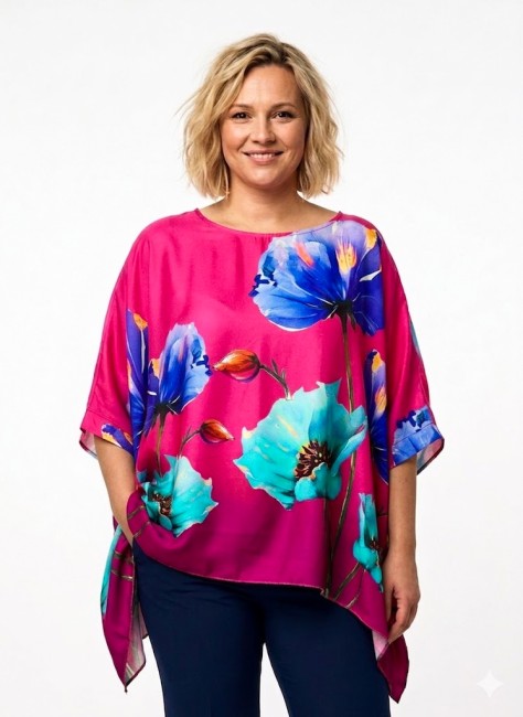  Tunika z jedwabiem  plus size KWIATY fuksja