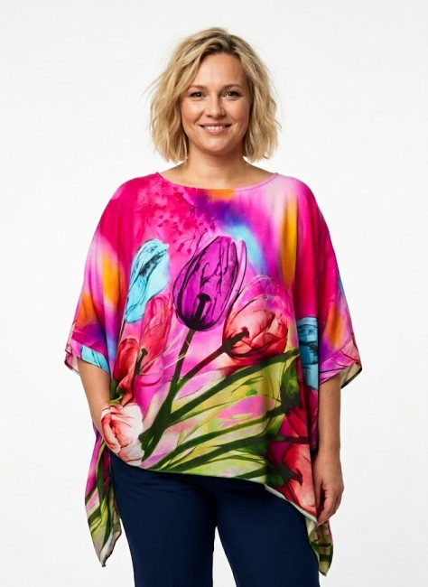  Tunika z jedwabiem  plus size KWIATY fuksja