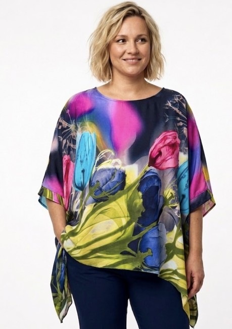  Tunika z jedwabiem  plus size KWIATY granatowa