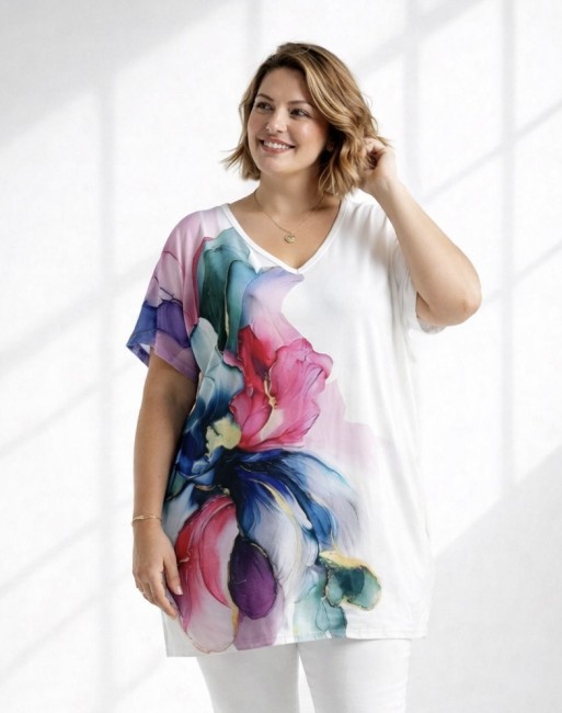 ULUBIONA  wiskozowa tunika plus size KWIAT kremowa