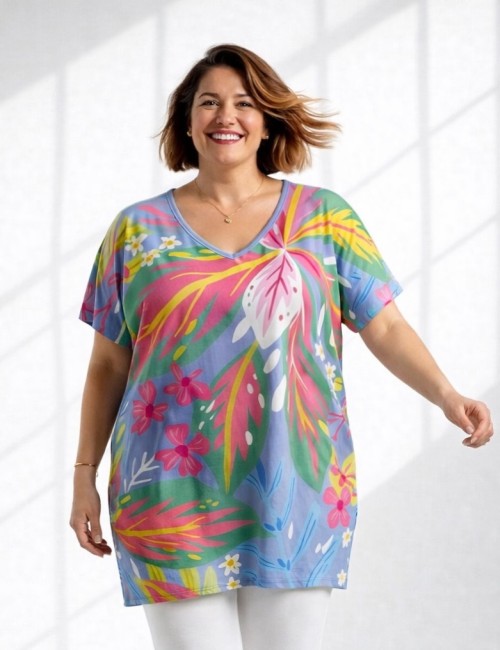 ULUBIONA  wiskozowa tunika plus size KWIATY niebieska