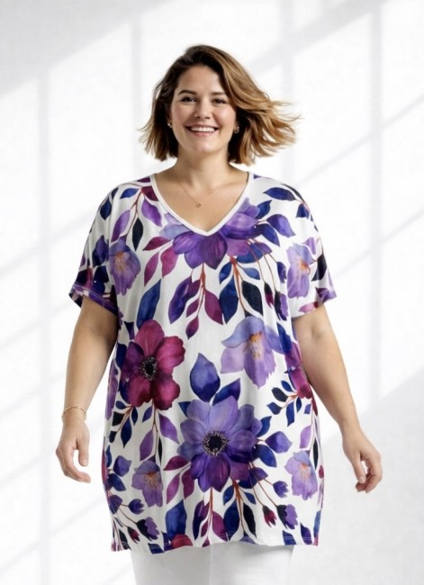 ULUBIONA  wiskozowa tunika plus size KWIATY ecru
