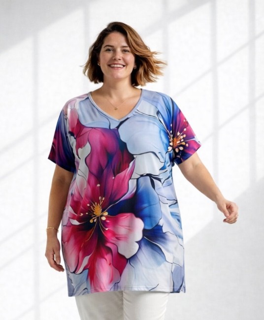 ULUBIONA  wiskozowa tunika plus size KWIAT niebieska