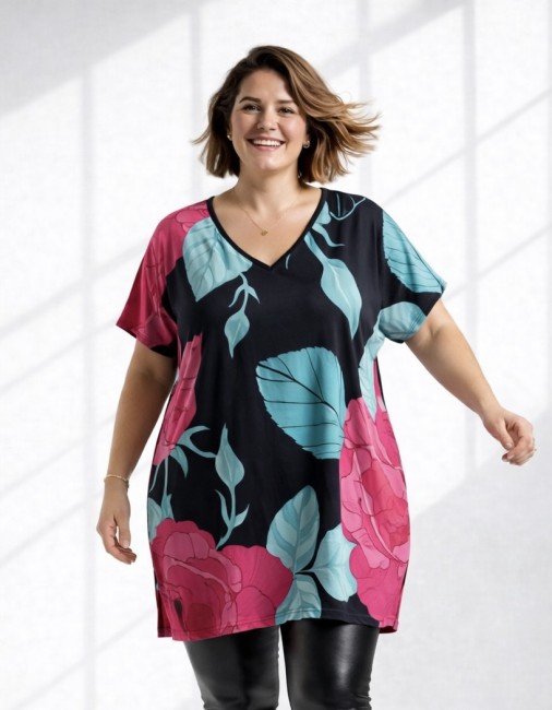 ULUBIONA  wiskozowa tunika plus size KWIATY czarna