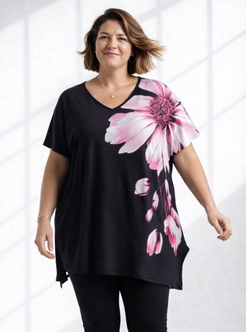 ULUBIONA  wiskozowa tunika plus size KWIAT czarna 