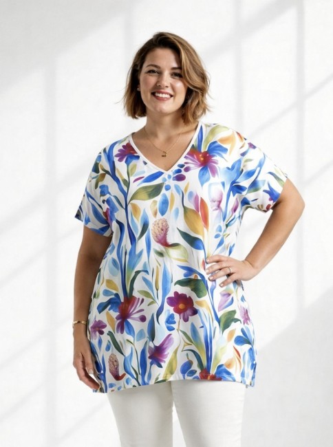 ULUBIONA  wiskozowa tunika plus size KWIATY ecru